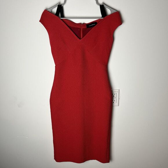 Yigal Azrouel Red Stretch Weave Midi Dress V Neck Sheath Dress 4 Bodycone - Picture 1 of 9